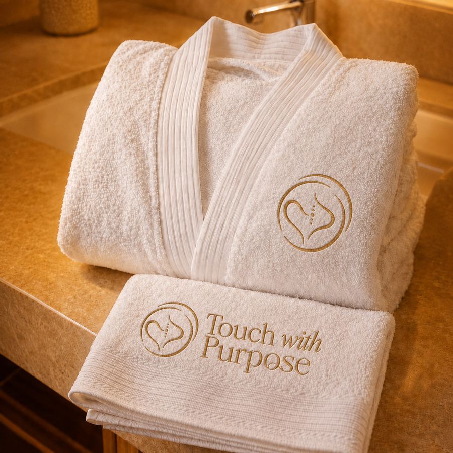 The Bath Linen — embroidered white towels and robe with gold seal